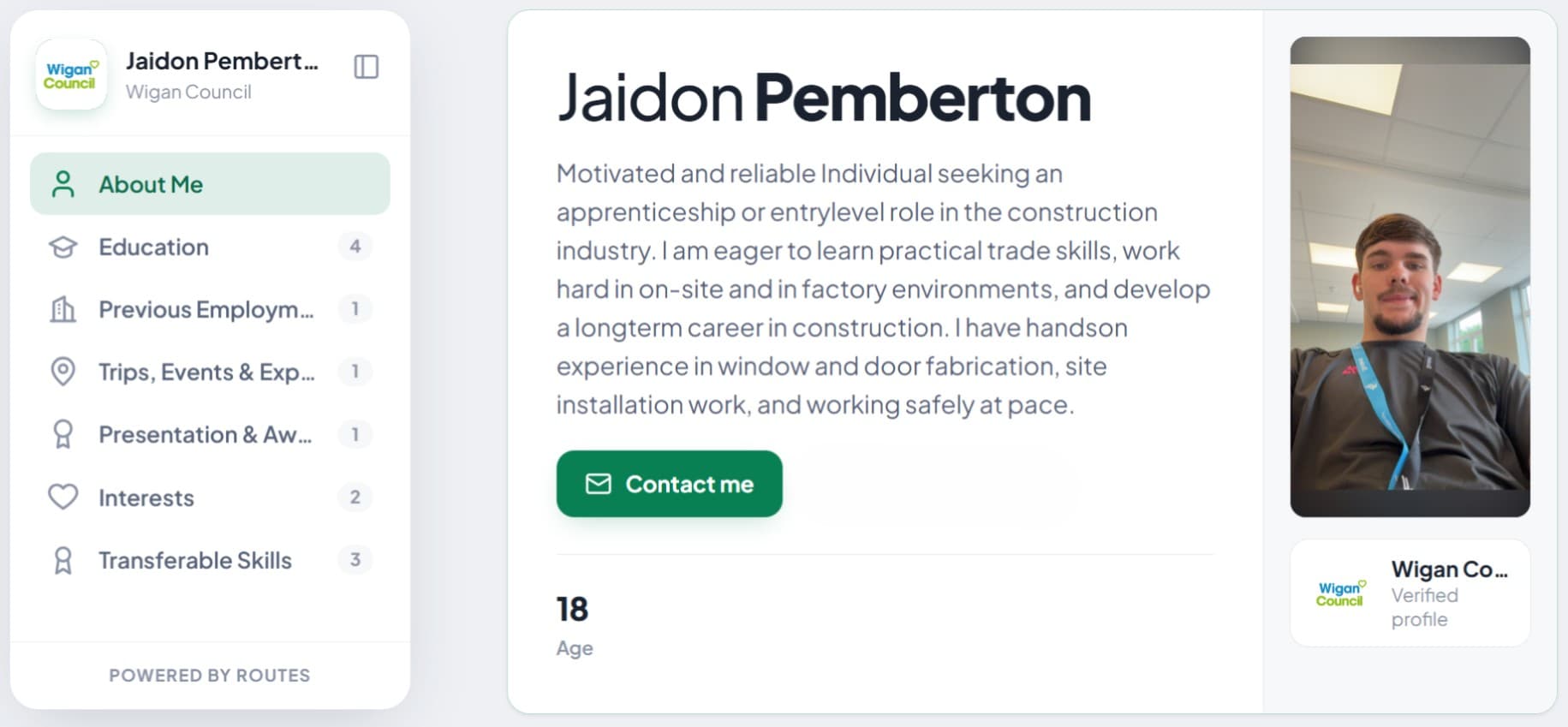 Jaidon Pemberton's interactive Routes CV, verified by Wigan Council.